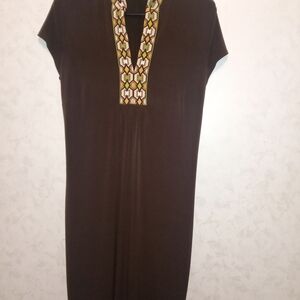 Michael Kors Brown Maxi Dress with Patterned Neckline, Size M